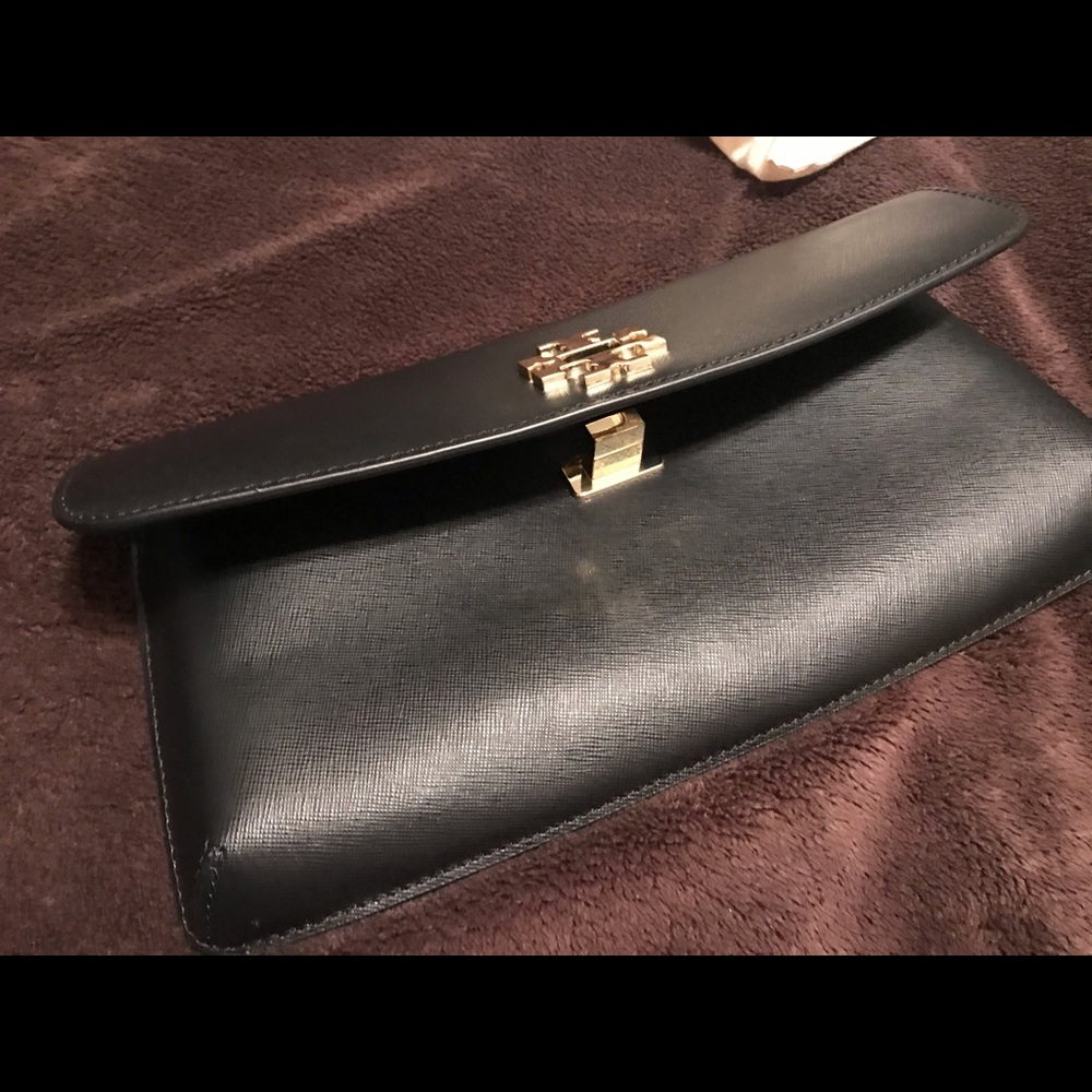 Tory Burch black clutch bag with gold clasp logo